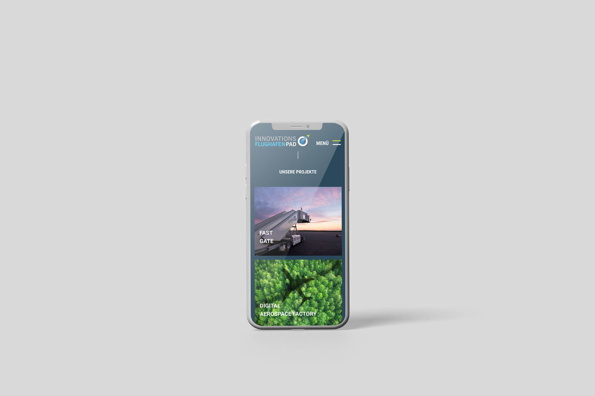 Homepagebild der Website Innovationsflughafen auf einem Handy