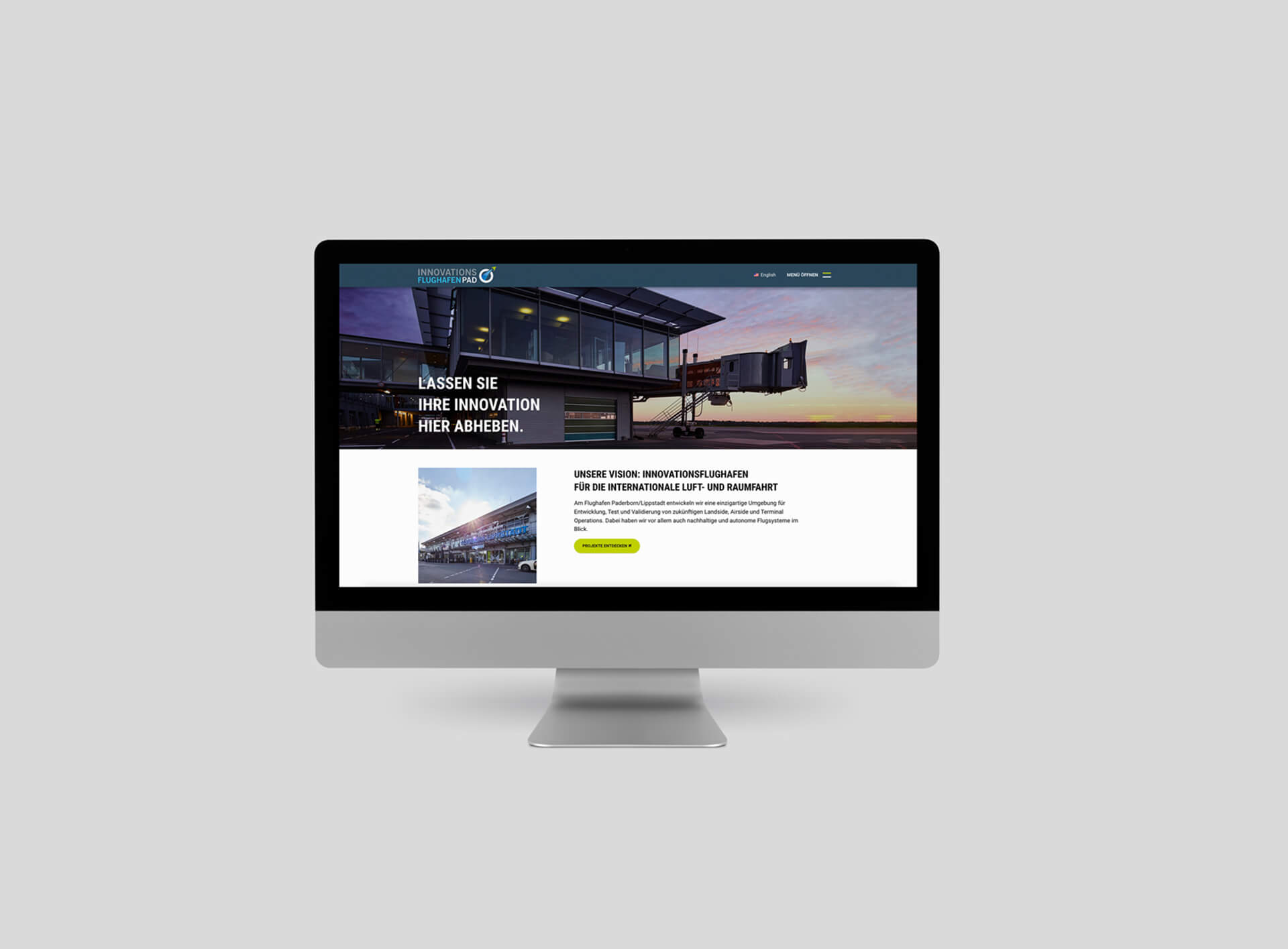 Homepagebild der Website Innovationsflughafen auf einem IMac